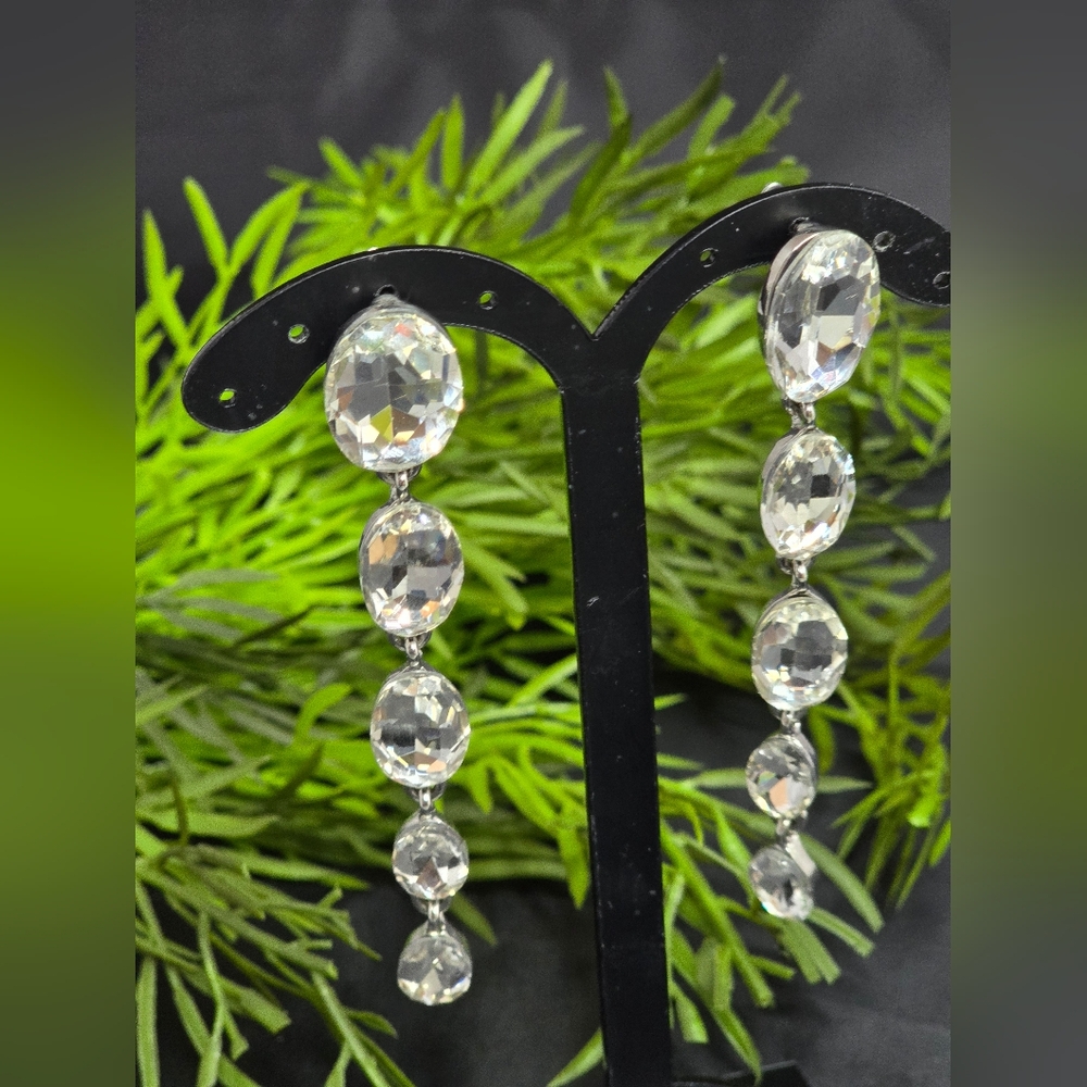 Clear Rhinestone Dangle Earrings Statement Glam 3… - image 4